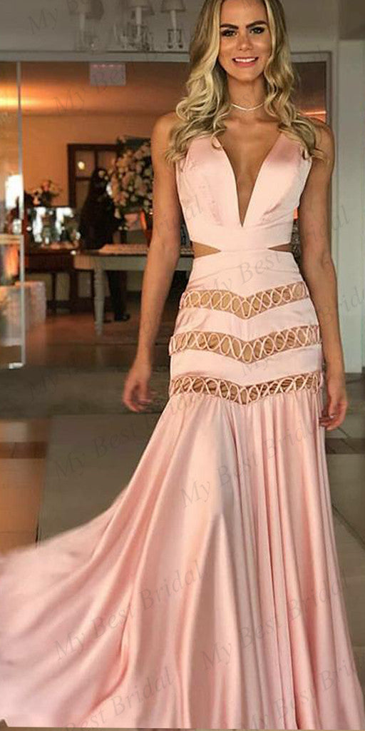Mermaid V-neck Pink Satin Evening Dresses ,Cheap Prom Dresses,PDY0592