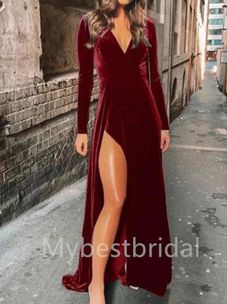 Elegant V-neck Long sleeves Side slit A-line Prom Dresses, PDS0436