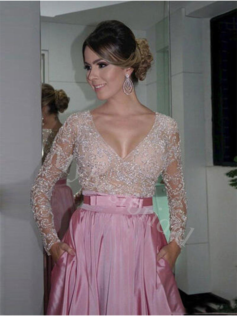 Elegant V-neck Long sleeves A-line Prom Dresses,PDS0808