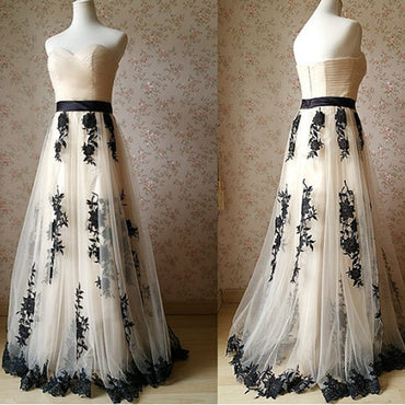 Sweetheart Black Lace Long A-line Elegant Ivory Tulle Prom Dresses, BG0162