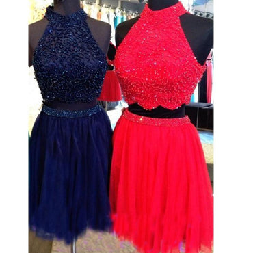 Halter open back Two Pieces sparkly with beading homecoming prom gown dress,BDY0145