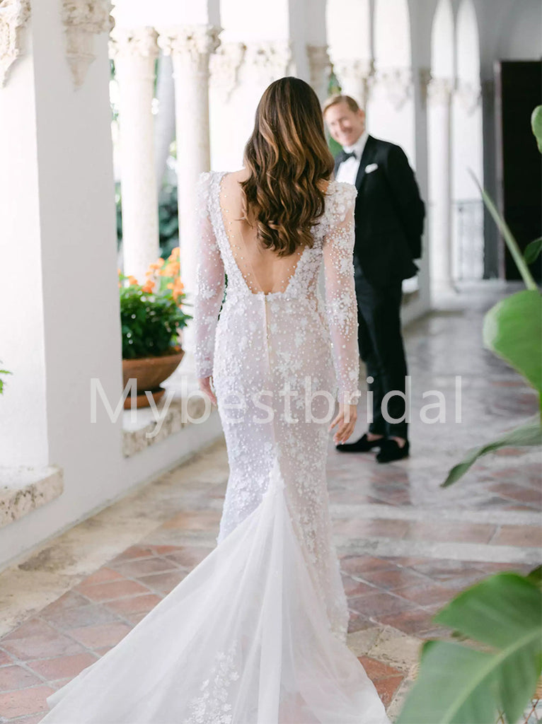 Elegant Deep v-neck Lone sleeves Mermaid Lace applique Wedding Dresses, WDY0258