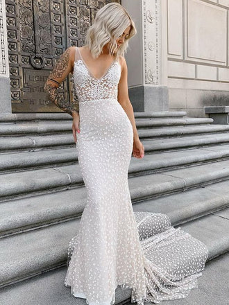 Sexy V-neck Mermaid Long Wedding Dresses Online, WDS0086