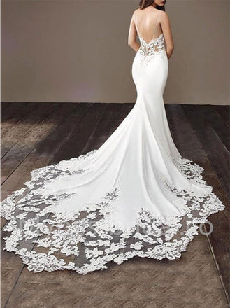 Elegant V-neck Spaghetti straps Mermaid Lace applique Wedding Dresses, WDY0299