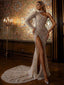 Popular High Neck Mermaid Sequin Side Slit Long Sleeve Prom Dresses, PDS0280