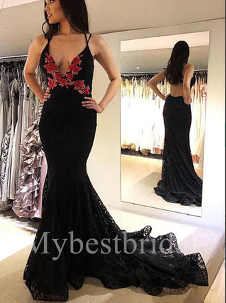 Sexy V-neck Spaghetti straps Sleeveless Mermaid Prom Dresses,PDS0589