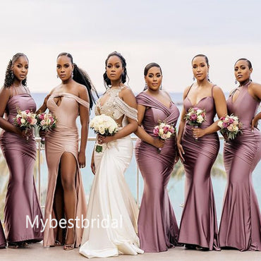 Mismatched Off-shoulder V-neck Mermaid Floor-length Elegant Simple Long Bridesmaid Dresses, BDS0258