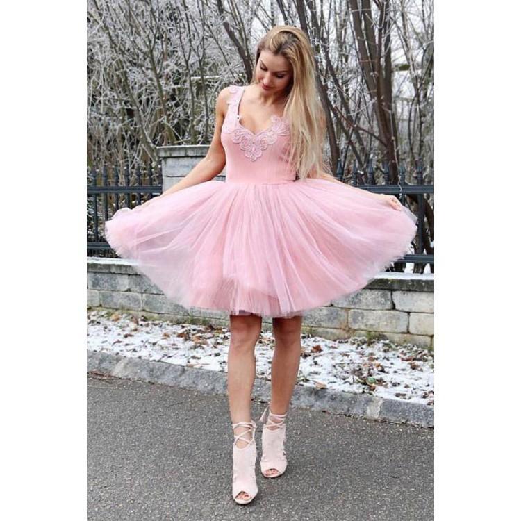 Cheap V Neck Tulle Cute Pink Homecoming Dresses 2018, BDY0199