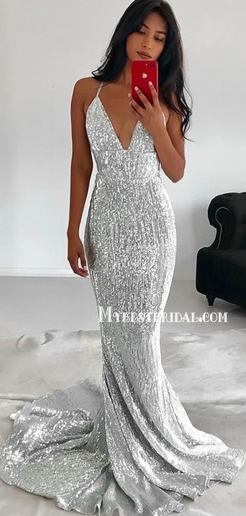 Sexy Mermaid V-neck Sweep Train Sequined Long Prom Dresses, PDY0169