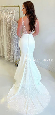 Simple V-neck Mermaid Lace Satin Long Wedding Dresses,WDS0124