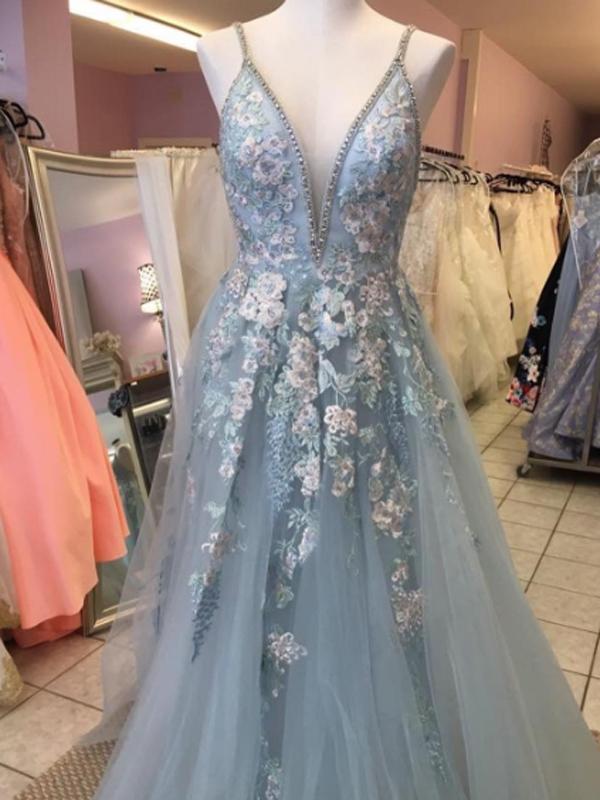 A-line Spaghetti Straps V-neck Blue Long Prom Dresses ,Cheap Prom Dresses,PDY0454