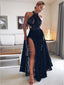 A-Line Halter Floor Length Open Back Split Black Lace Prom Dresses,Cheap Prom Dress,PDY0385