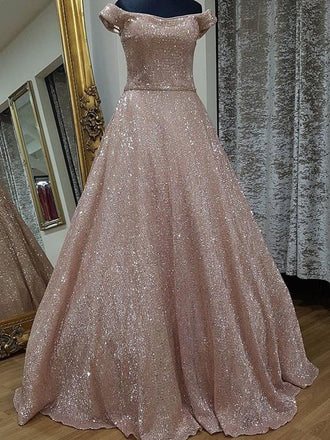 Shinning A-line Off-the-Shoulder Pink Sequin Evening Dresses ,Cheap Prom Dresses,PDY0613
