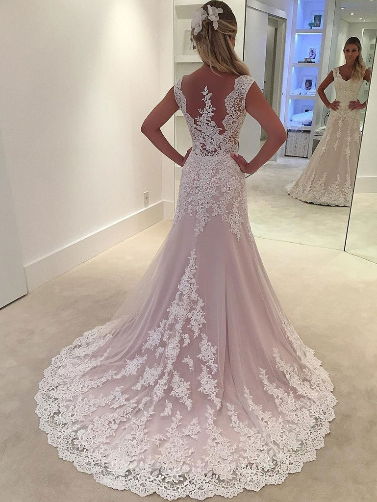 Lace Strapless A-line See Through Cheap Wedding Dresses Online, WDY0208