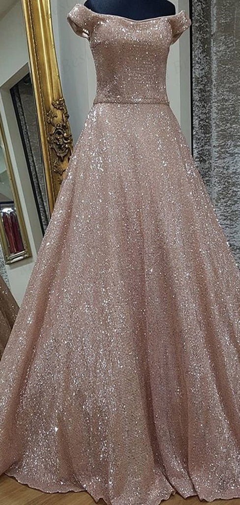 Shinning A-line Off-the-Shoulder Pink Sequin Evening Dresses ,Cheap Prom Dresses,PDY0613