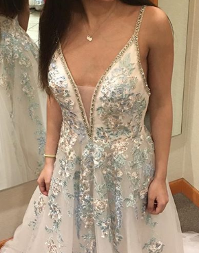 A-line V-neck Blue Lace Long Prom Dresses With Applique,Cheap Prom Dresses,PDY0516