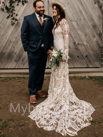 Simple Long sleeves Mermaid Lace applique Wedding Dresses, WDY0228