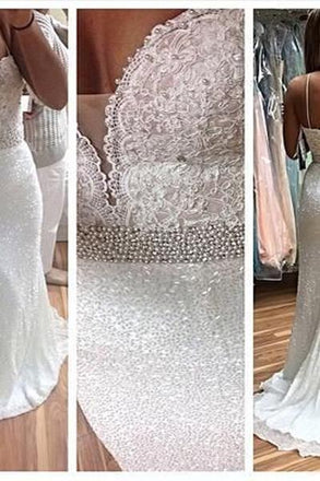 Long White Beaded Spaghetti Straps Mermaid Sexy For Teens Evening Party Dresses. PDY0181
