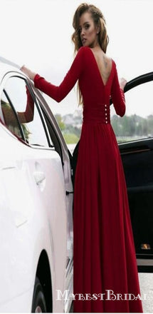 Long Sleeves Dark Red,V Neck Prom Dress With High Slit ,Evening Gowns  ,PDY0176