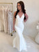 Simple V-neck Mermaid Lace Satin Long Wedding Dresses,WDS0124