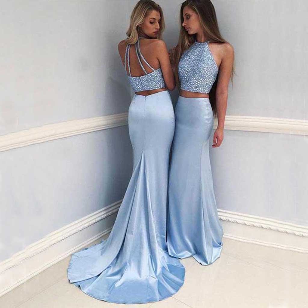 Sexy Two Pieces Blue Mermaid Halter Long Custom Evening Prom Dresses, Party Dresses,PDY0232