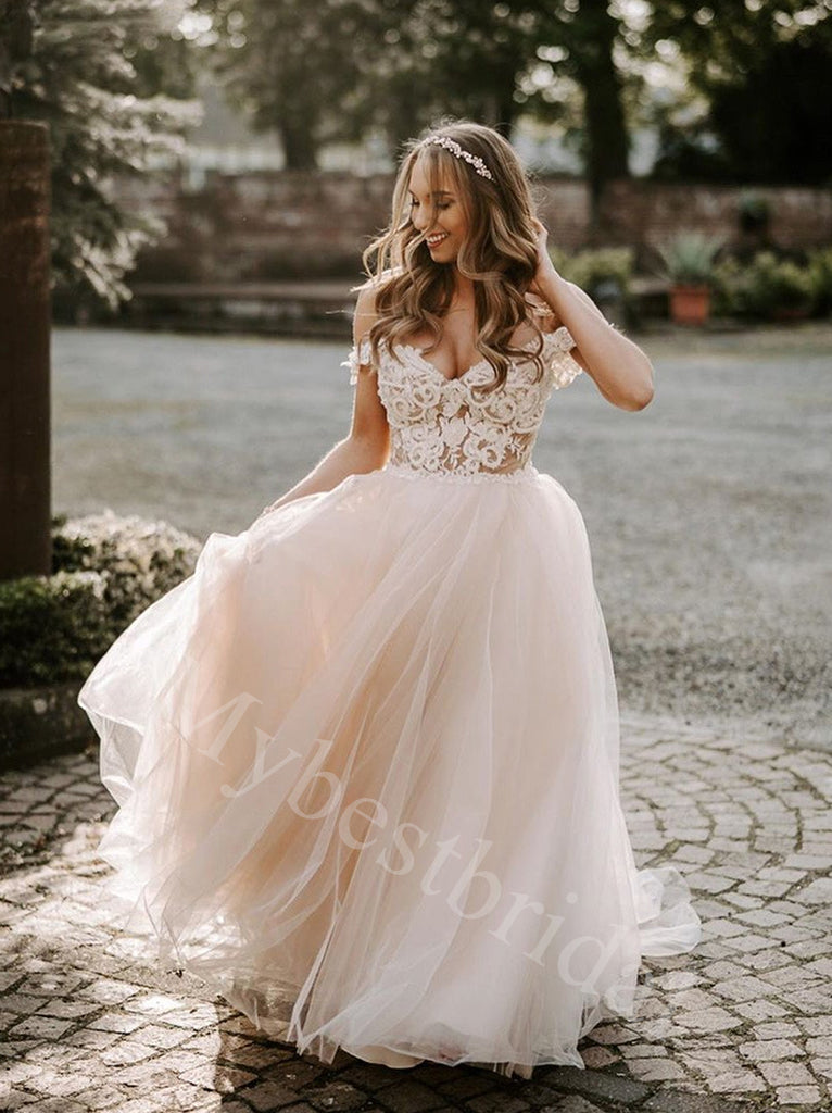 Elegant Off shoulder Sweetheart A-line Lace applique Wedding Dresses,WDY0335