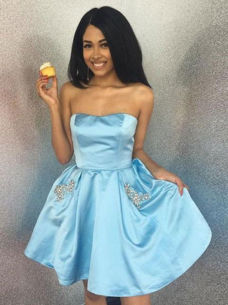 Simple Strapless Cute Cheap Beaded Red Homecoming Dresses, BDY0238