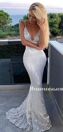 Sexy Mermaid V-neck Sweep Train Sequined Long Prom Dresses, PDY0169