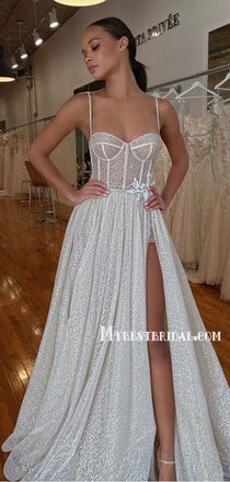Lovely Spaghetti Straps Side Slit Long Wedding Dresses,WDS0125