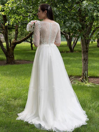 Long Sleeve A-line See Through Cheap Wedding Dresses Online, WDY0209