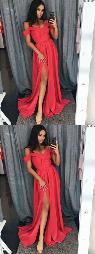 A-Line Off-the-Shoulder Red Elastic Satin Split Prom Dresses,Cheap Prom Dress,PDY0387
