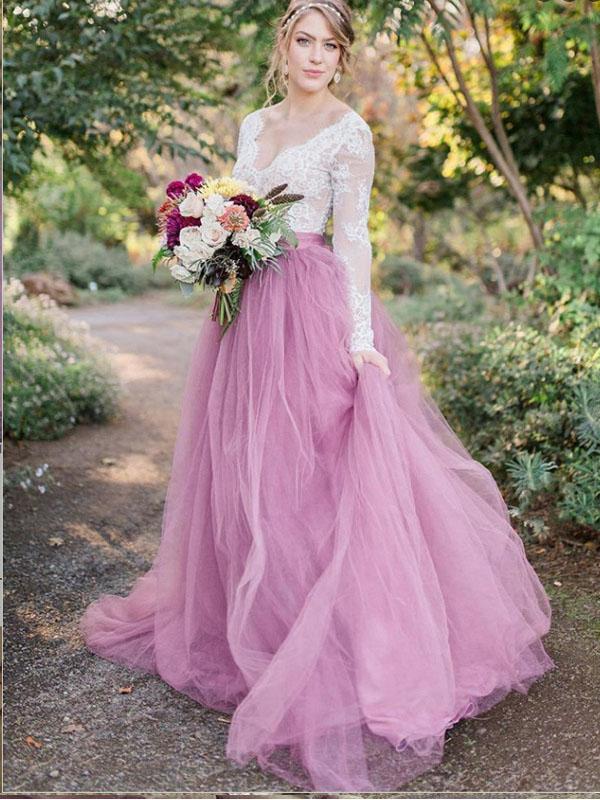 A-Line V-Neck Long Sleeves Pink Tulle Wedding Dresses,Cheap Wedding Dresses, WDY0287
