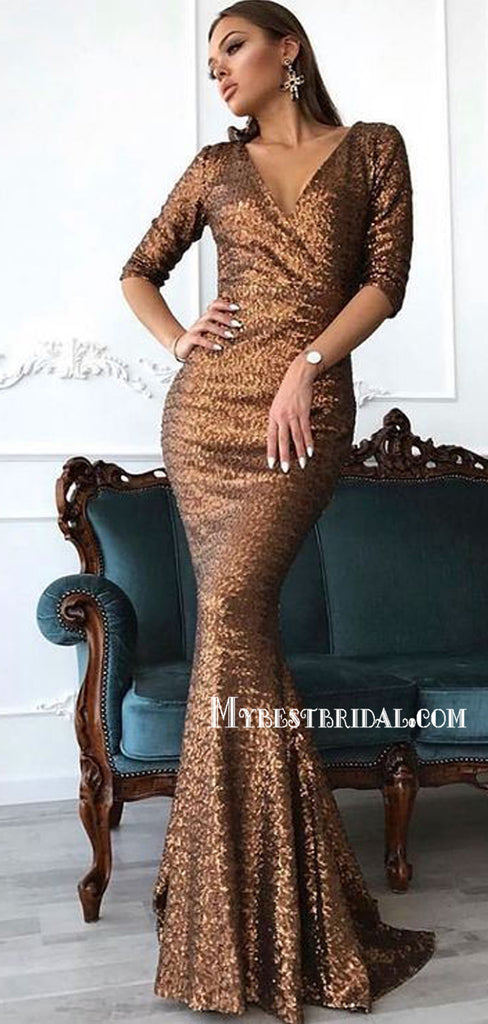 New V Neck Mermaid Sequin Long Prom Dresses, PDS0278