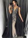Mermaid V-Neck Dark Grey Prom Dress with Beading,Cheap Prom Dresses,PDY0555