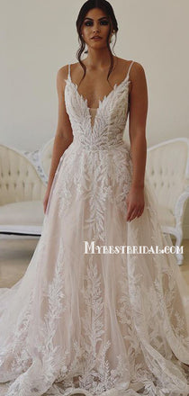Gorgeous V-neck A-line Lace Appliques Long Wedding Dresses. WDS0108