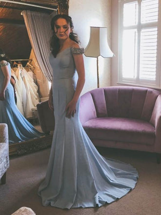 Mermaid Off-the-Shoulder Blue Long Prom Dresses ,Cheap Prom Dresses,PDY0455