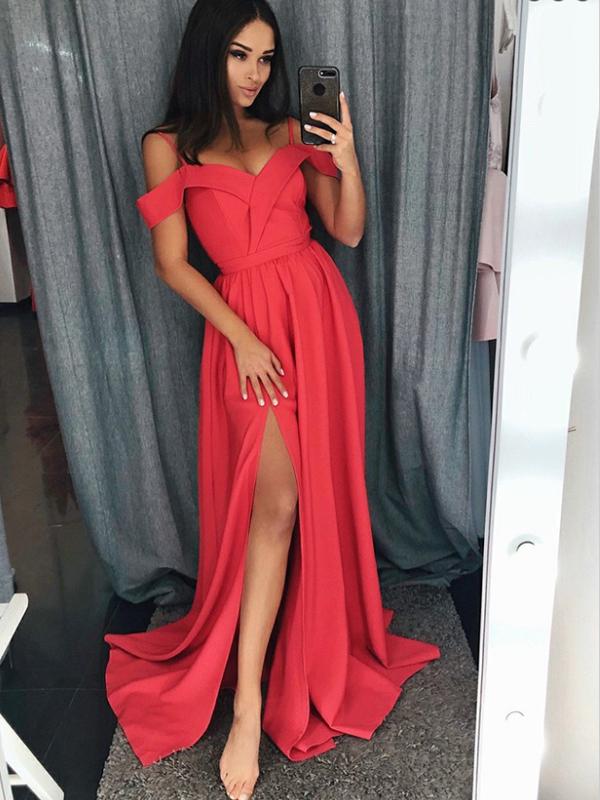 A-Line Off-the-Shoulder Red Elastic Satin Split Prom Dresses,Cheap Prom Dress,PDY0387