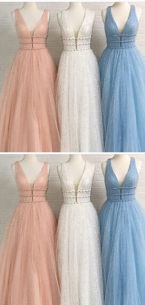 A-line V-neck Blue Tulle Prom Dresses,Cheap Prom Dresses,PDY0489