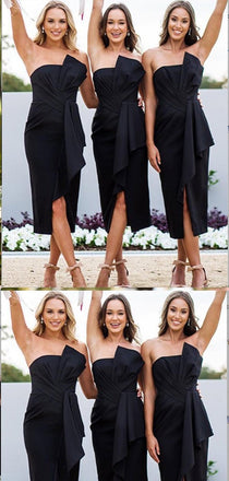 Sheath Strapless Black Satin Chiffon Bridesmaid Dresses,Cheap Bridesmaid Dresses,WGY0374