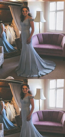 Mermaid Off-the-Shoulder Blue Long Prom Dresses ,Cheap Prom Dresses,PDY0455
