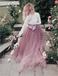 A-Line V-Neck Long Sleeves Pink Tulle Wedding Dresses,Cheap Wedding Dresses, WDY0287