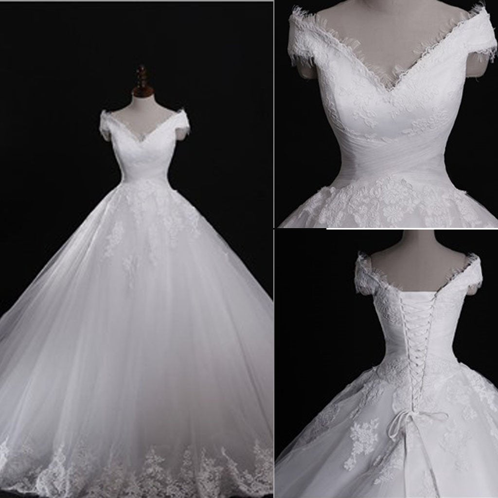 Classic Style Off Shoulder Lace Up Vantage Lace Wedding Dresses, WDY0129