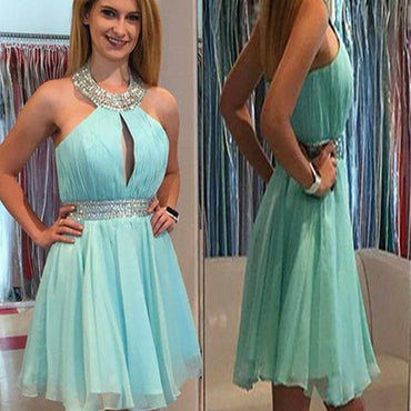 Halter Mint Green off shoulder Chiffon simple freshman formal homecoming dresses, BDY0144