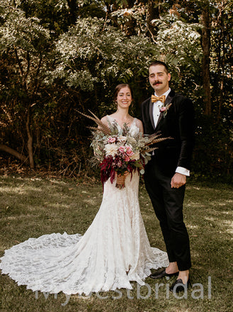 Simple V-neck Spaghetti straps Mermaid Lace applique Wedding Dresses, WDY0229