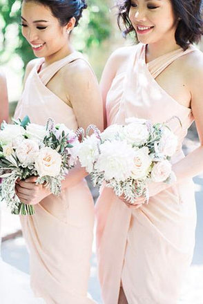 Pink Cross Neck Sleeveless Slim Line Chiffon Bridesmaid Dresses, TYP0039