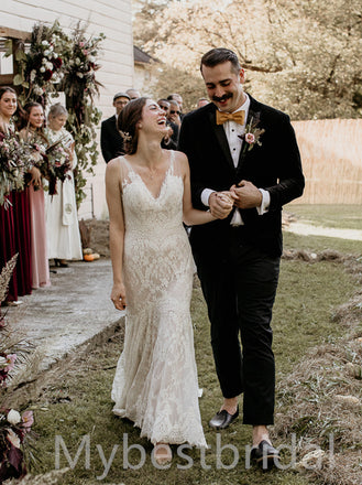 Simple V-neck Spaghetti straps Mermaid Lace applique Wedding Dresses, WDY0229