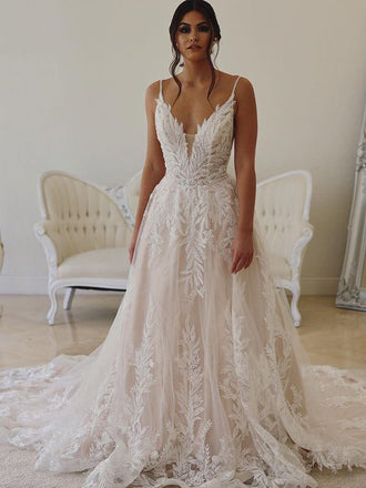 Gorgeous V-neck A-line Lace Appliques Long Wedding Dresses. WDS0108