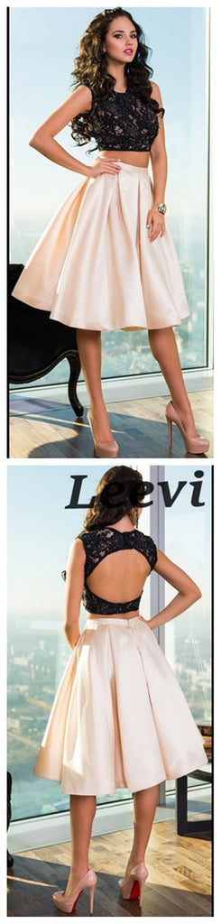 Sexy Open Back Two Piece Lace Black Homecoming Dresses 2018, BDY0260