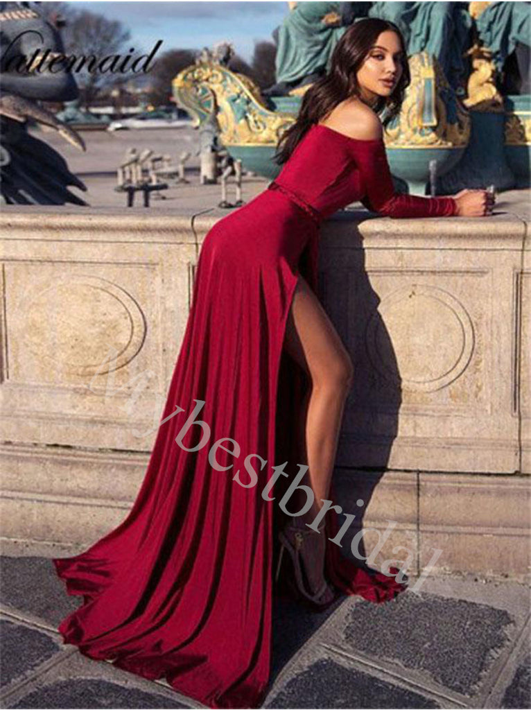 Sexy V-neck Long sleeves Sise slit A-line Prom Dresses,PDS0933
