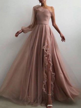 Popular A-line One-shoulder Tulle Side Slit Long Prom Dresses, PDS0273